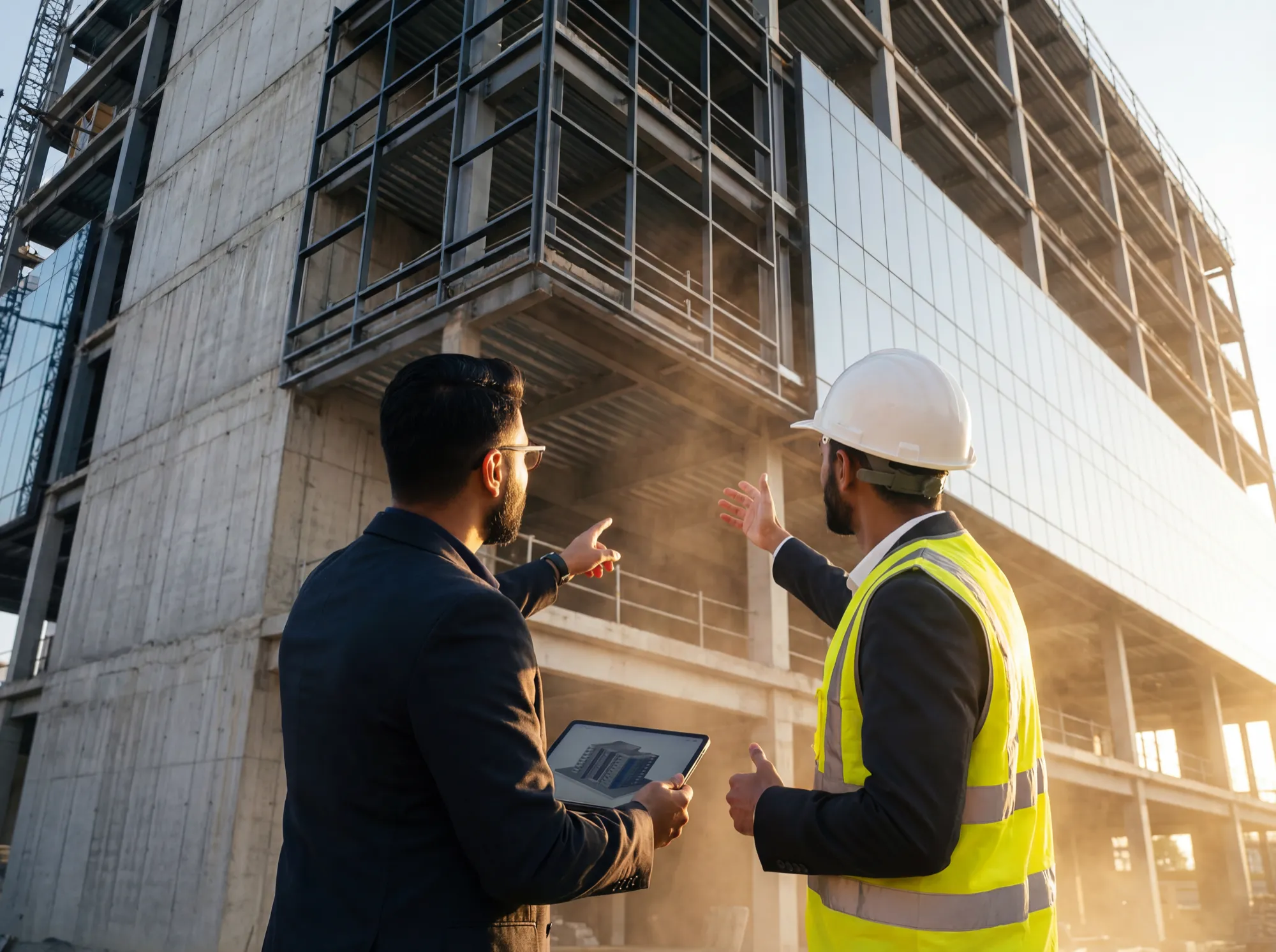 Construction manager reviewing project data on site with Trimble GPS equipment
